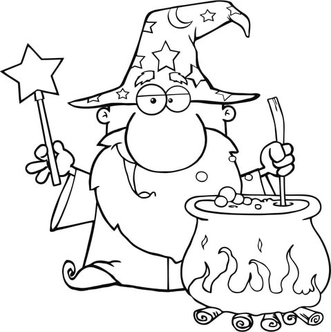 Wizard Waving With Magic Wand And Preparing A Potion Coloring Page